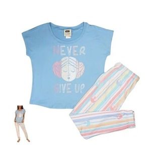NWT! Munki Munki Sz L Star Wars Princess Leia Never Give Up T-Shirt Pajama Set